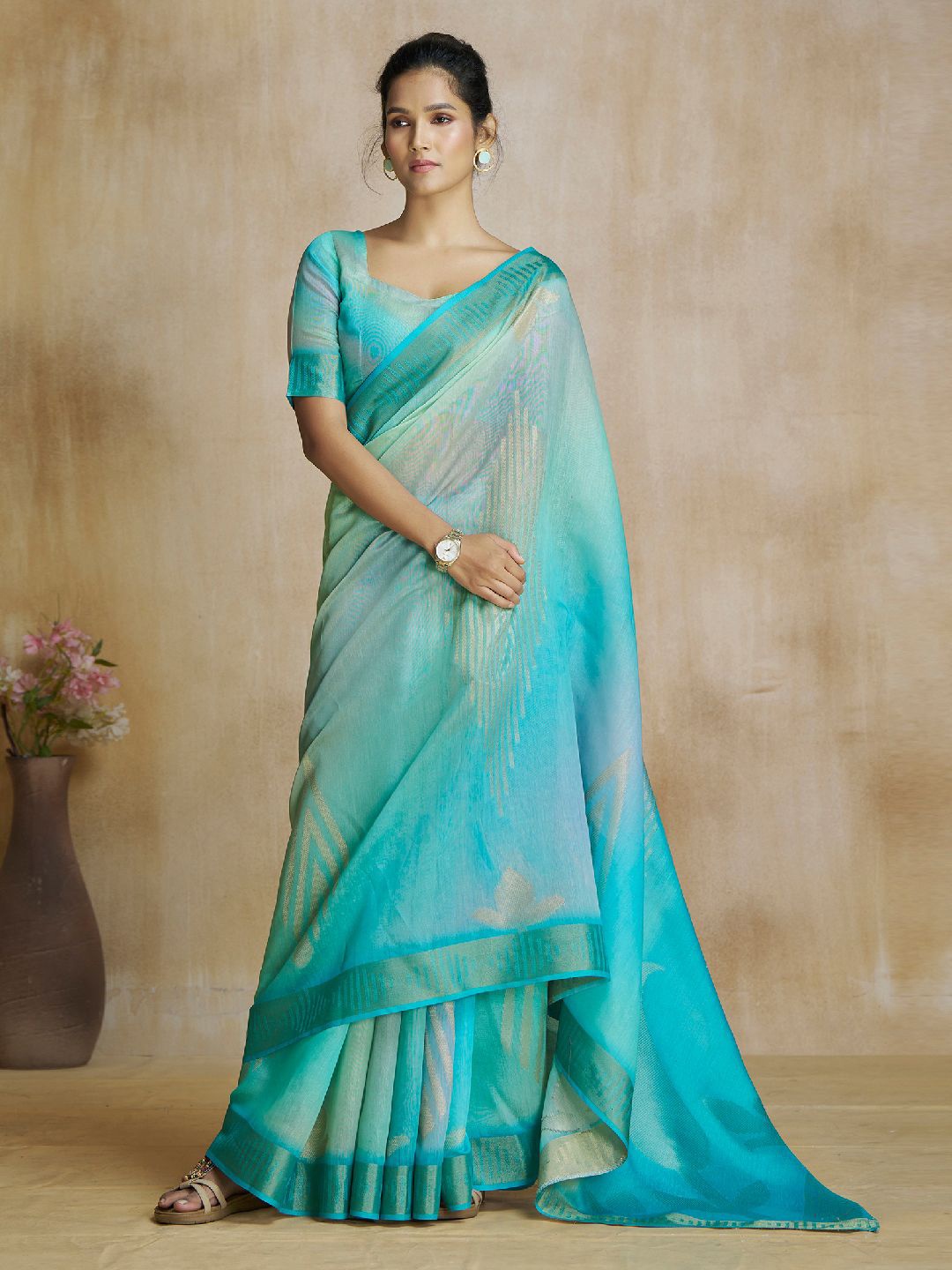 

Panzora Woven Design Printed Zari Saree, Blue