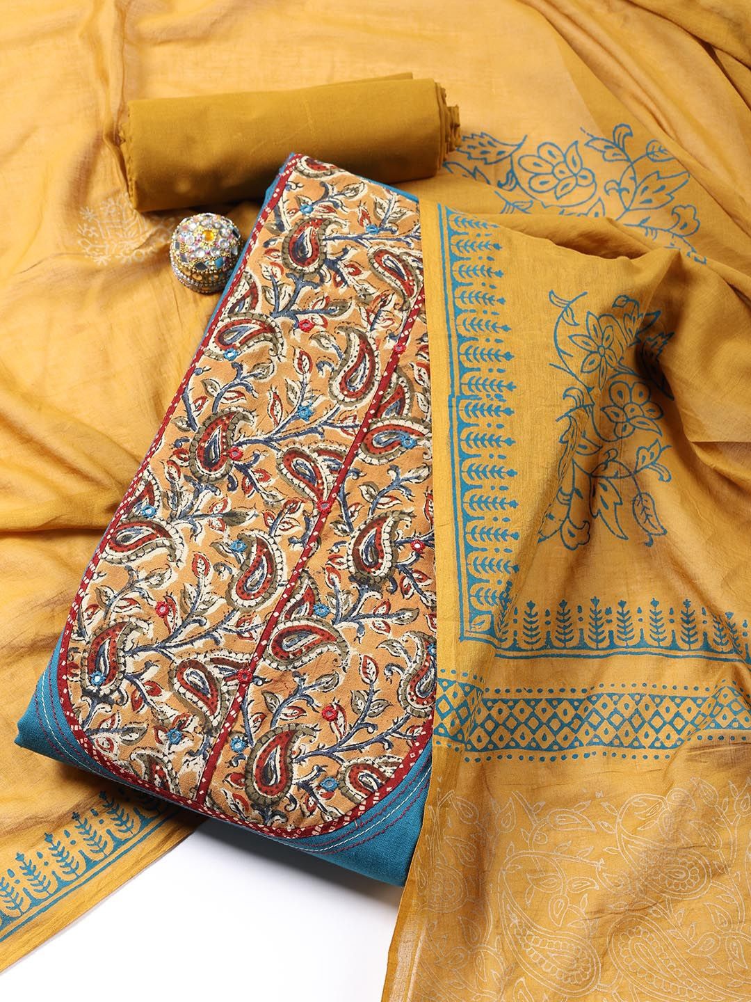 

Meena Bazaar Floral Yoke Design Cotton Unstitched Dress Material, Blue