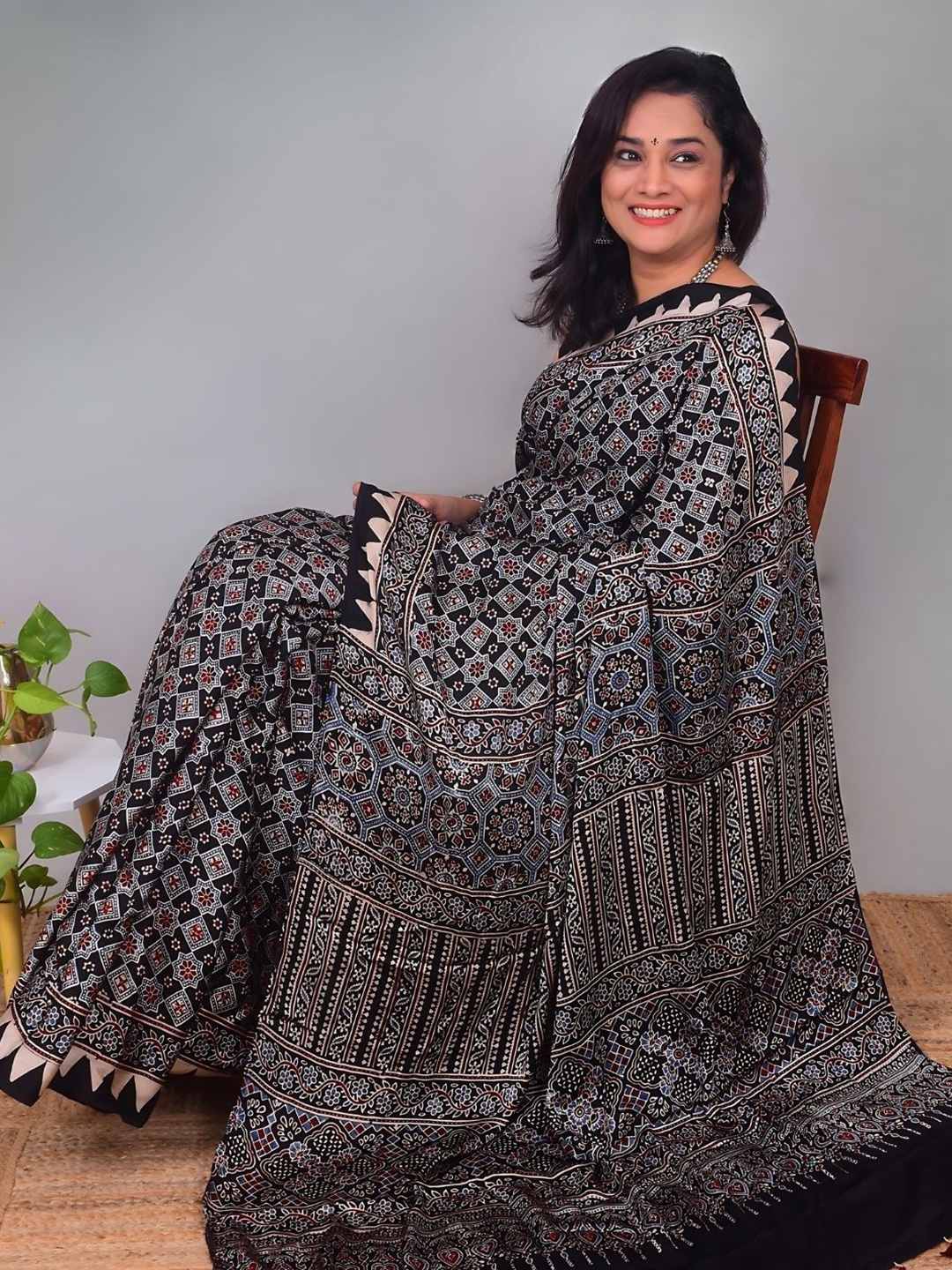 

Indeloom Ajrak Printed Pure Silk Block Print Saree, Black
