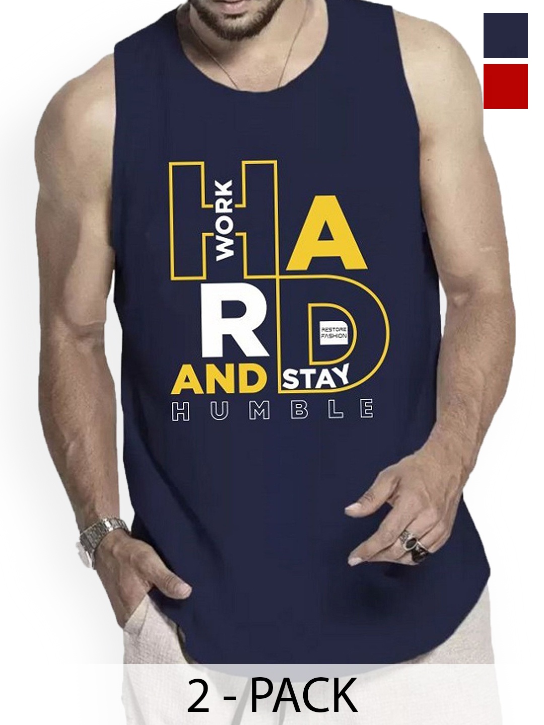 

WOOSTRO Pack Of 2 Printed Combed Cotton Gym Vest RS26 CMB (HARD NAVY) (98 RED), Navy blue