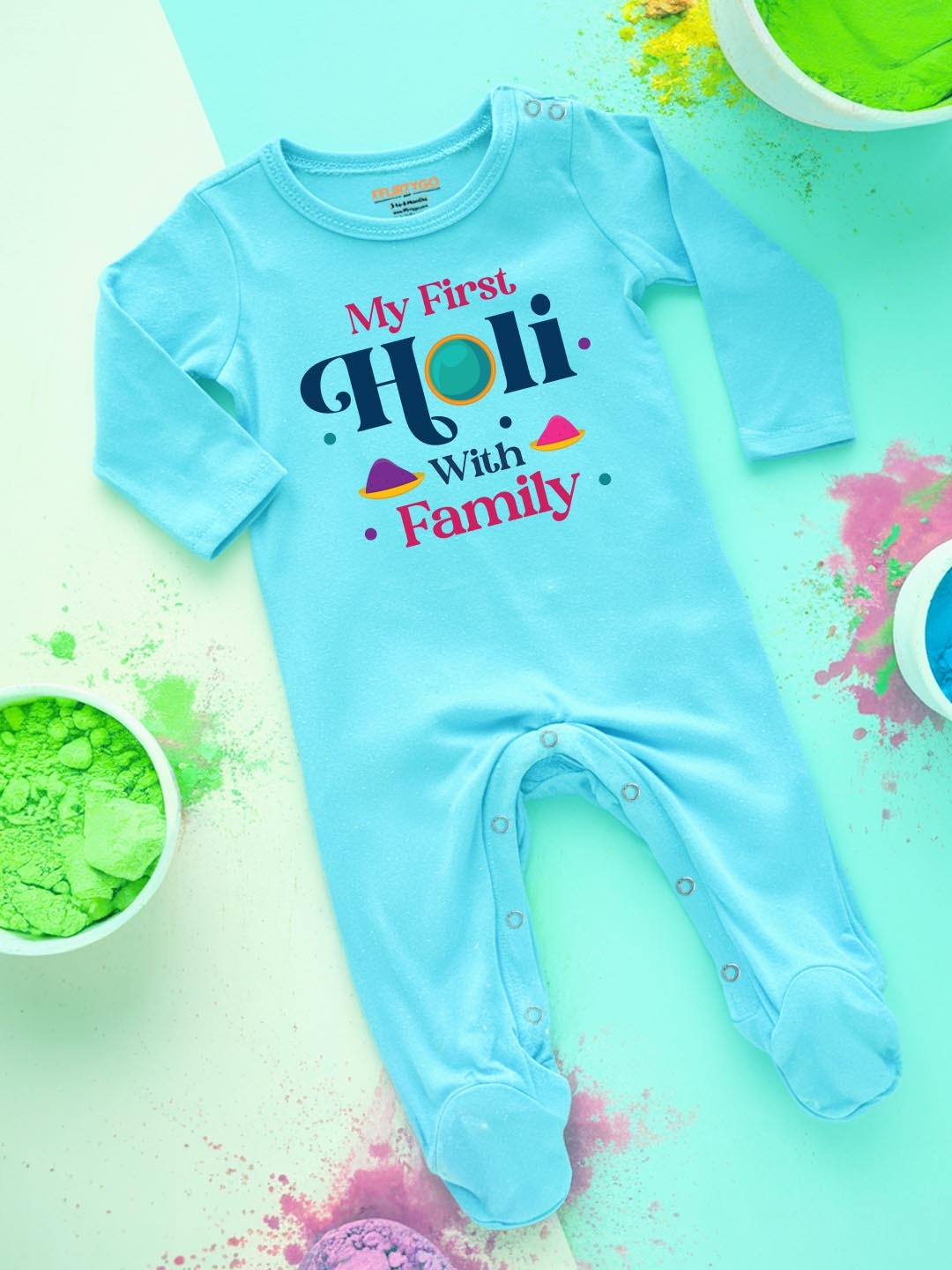 

FFLIRTYGO Infants Holi Printed Cotton Sleepsuit, Turquoise blue