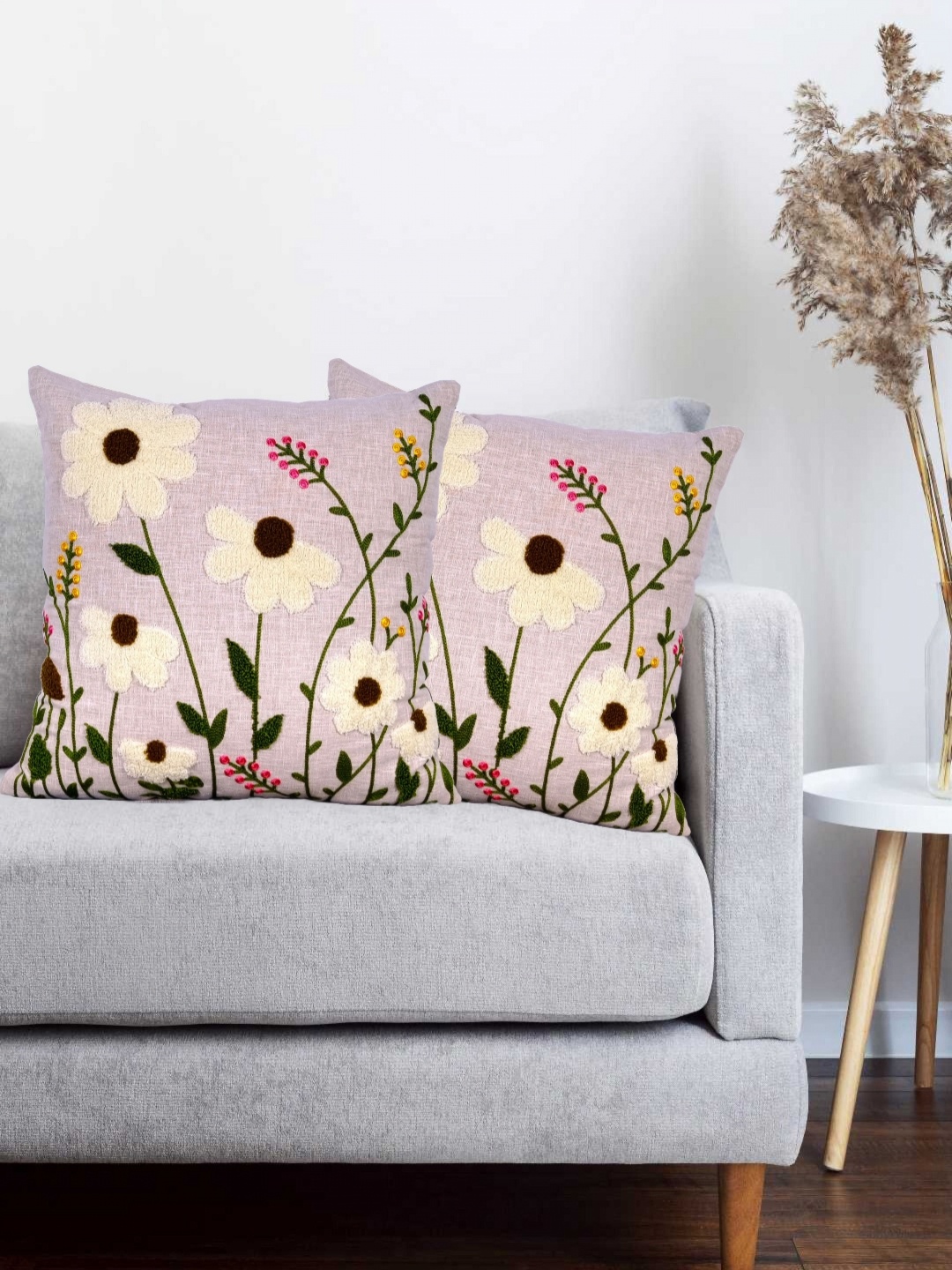 

Vinayaka Fab Cream 2 Pieces Floral Embroidered Linen Square Shaped Cushion Covers