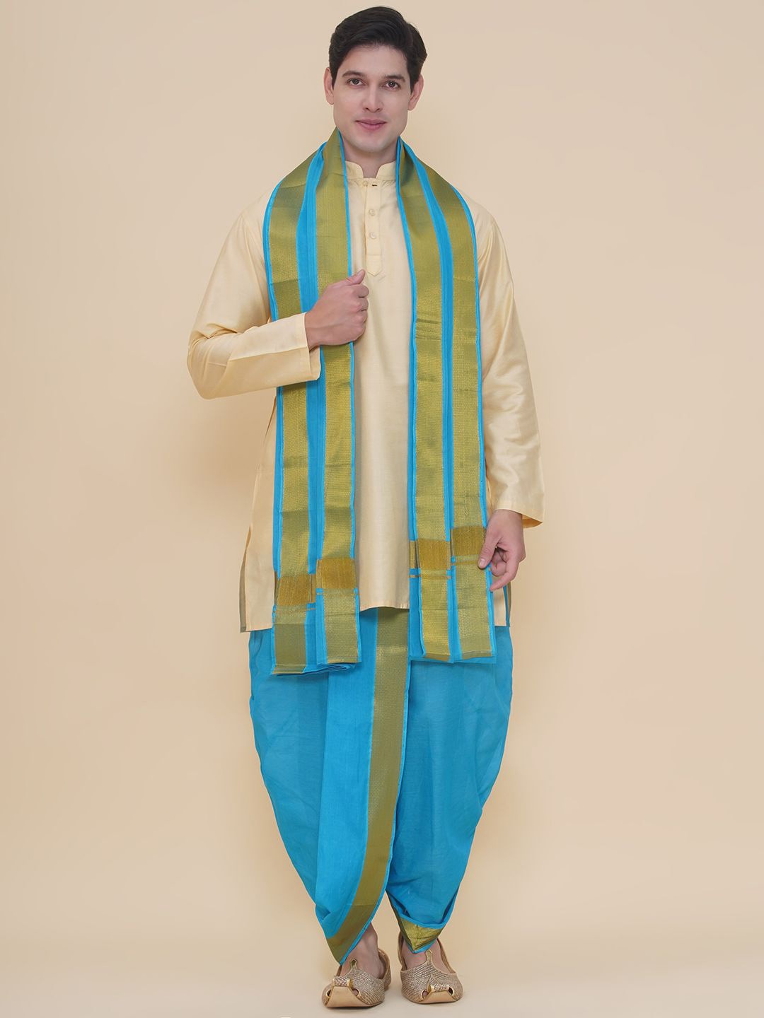 

Sethukrishna Mandarin Collar Art Silk Straight Kurta With Dhoti Pants And Angavastram, Beige