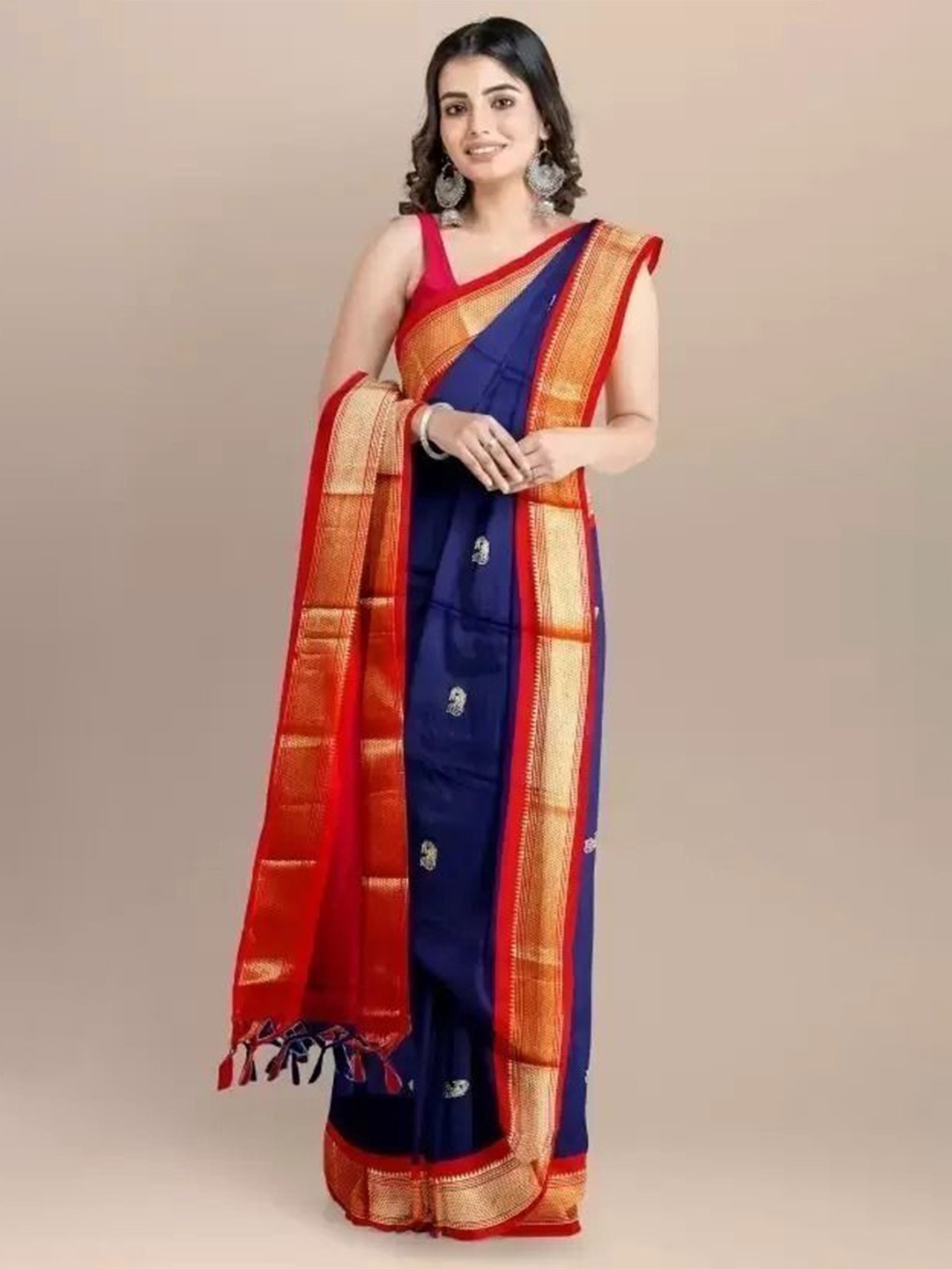 

bansari textiles Woven Design Zari Pure Cotton Paithani Saree, Blue