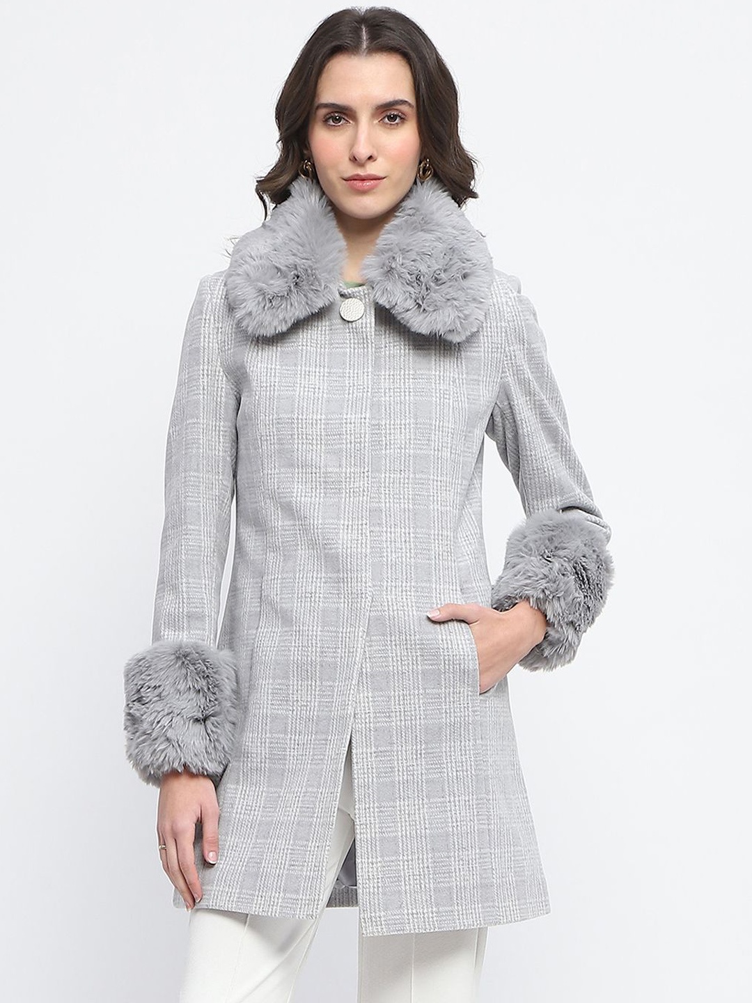 

Madame Women Checked Faux Fur Single-Breasted Longline Overcoat, Grey