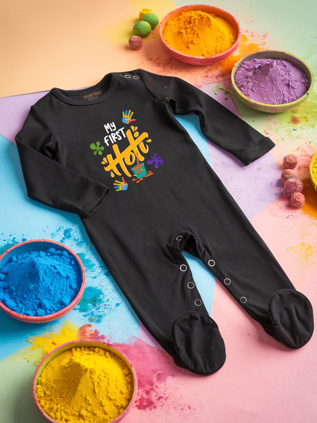 

FFLIRTYGO Infants Holi Printed Cotton Sleepsuit, Black