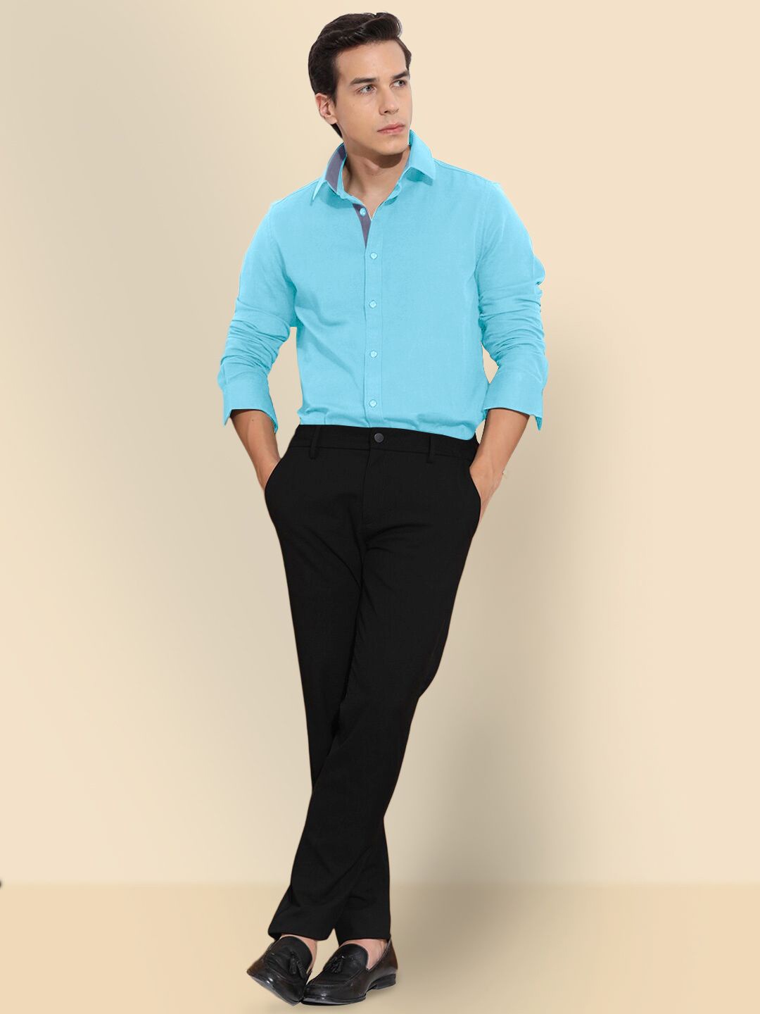 

SZN Men Standard Fit Spread Collar Solid Cotton Formal Shirt, Turquoise blue