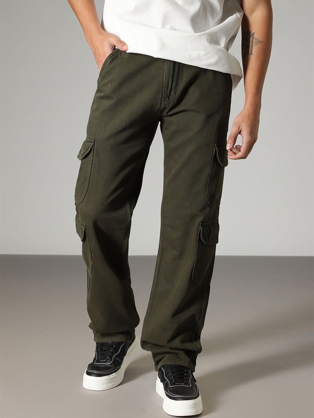 

Banana Club Men Relaxed Fit Olive Double Pocket Cargo Denim Jeans