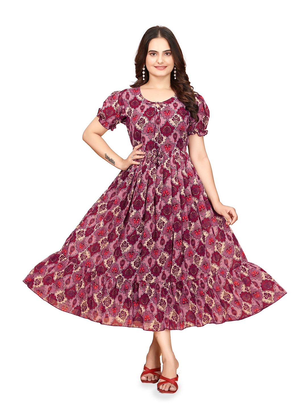 

Anouk Floral Printed Puff Sleeve Georgette Fit and Flare Midi Dress, Pink