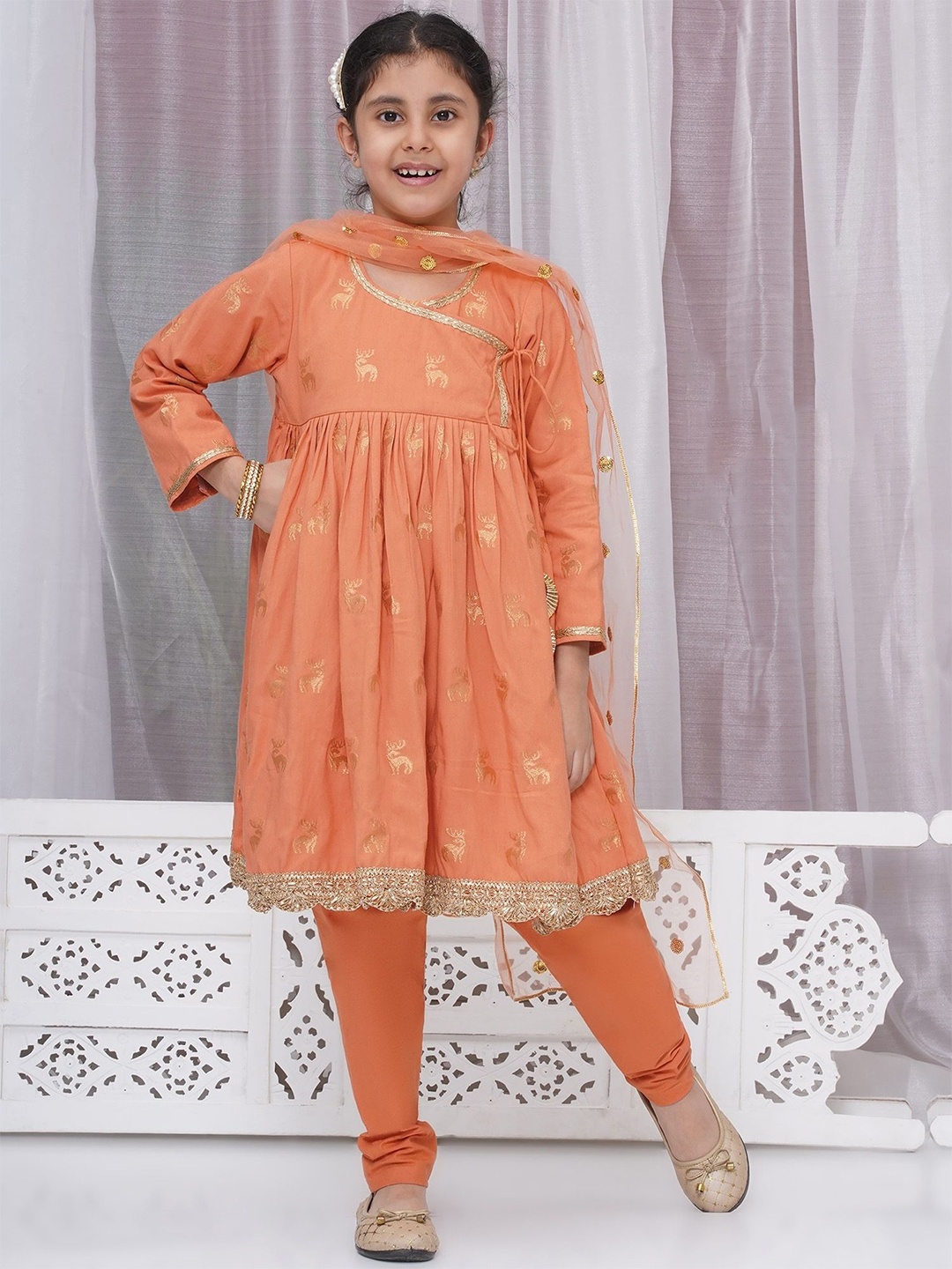

Little Bansi Girls Printed Pleated Pure Cotton Anarkali Kurta with Pyjamas & Dupatta, Orange