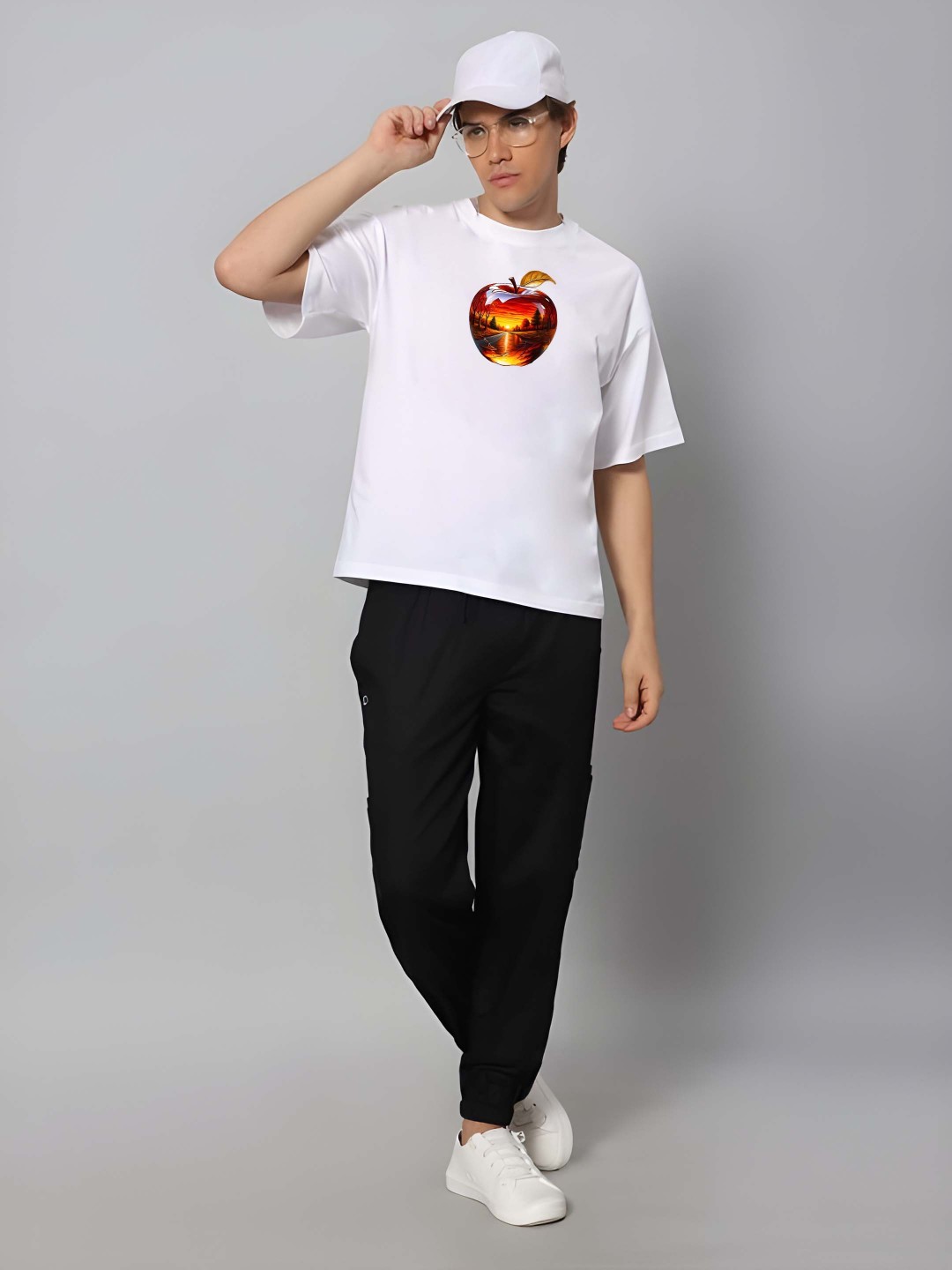 

Krimmple Men Graphic Printed Round Neck Cotton Oversized T-shirt, White