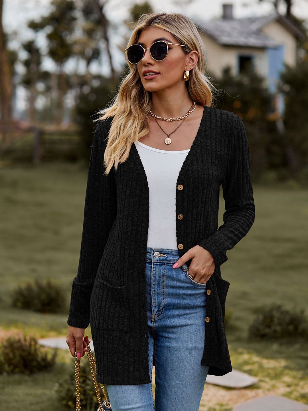 

StyleCast x Revolte Women Ribbed Longline Cardigan, Black