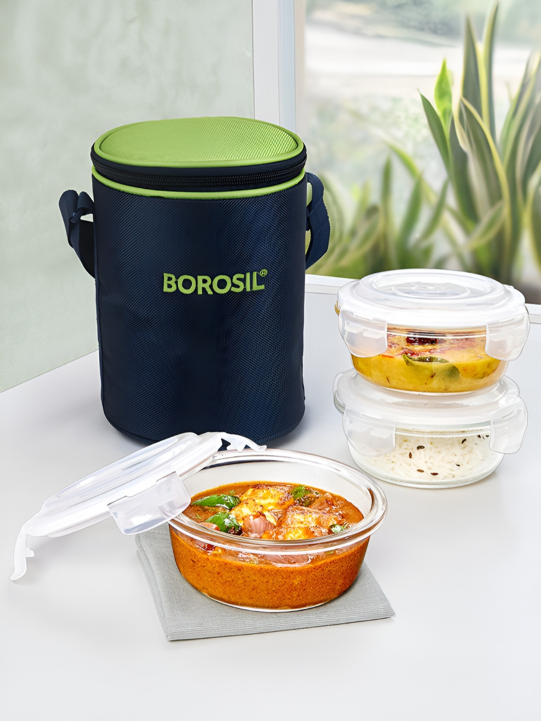

BOROSIL Alfa Green 3 Pieces Borosilicate Glass Round Containers Lunch Boxes With Bag