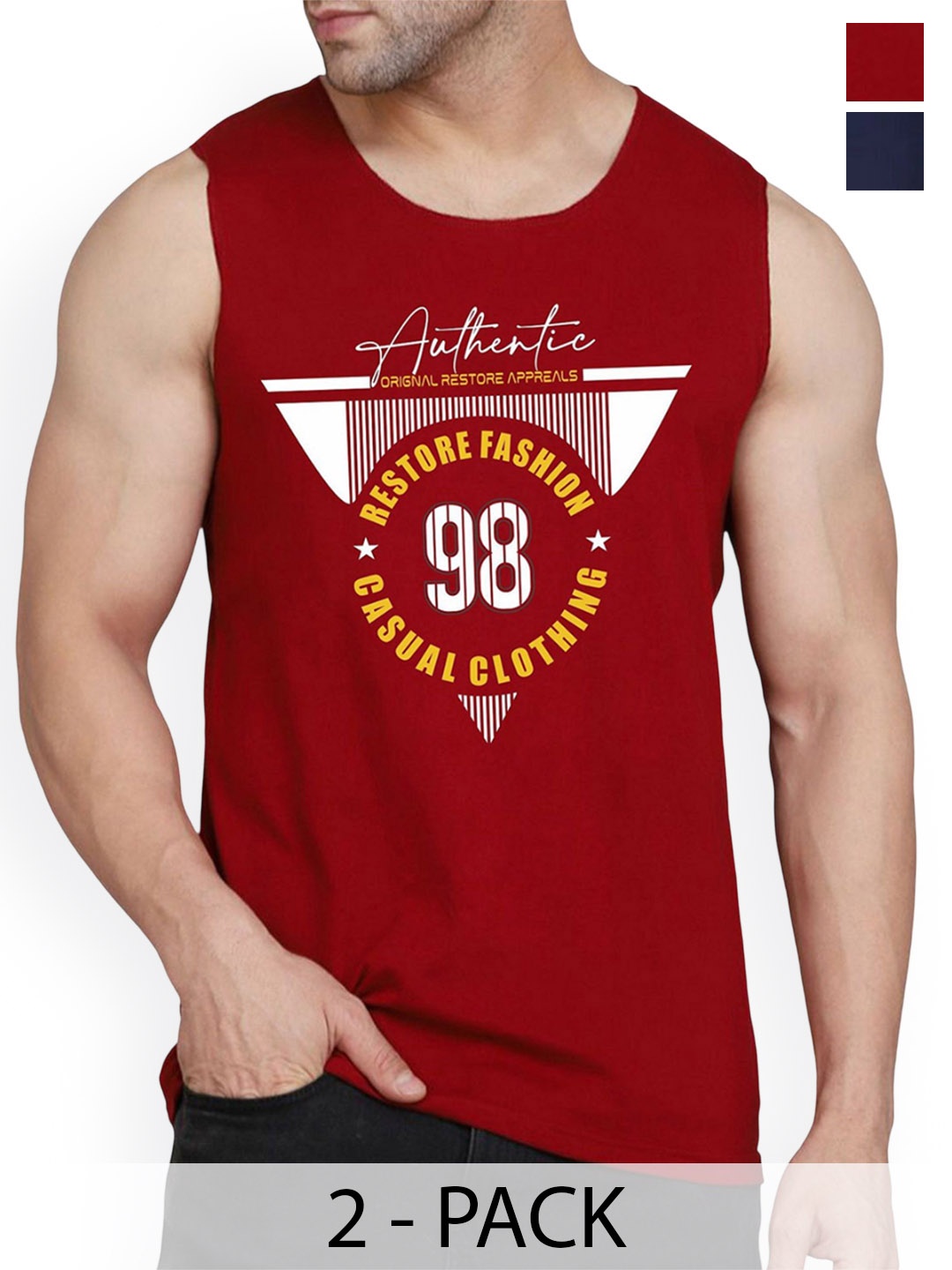 

Woostro Pack Of 2 Printed Cotton Gym Innerwear Vests, Maroon