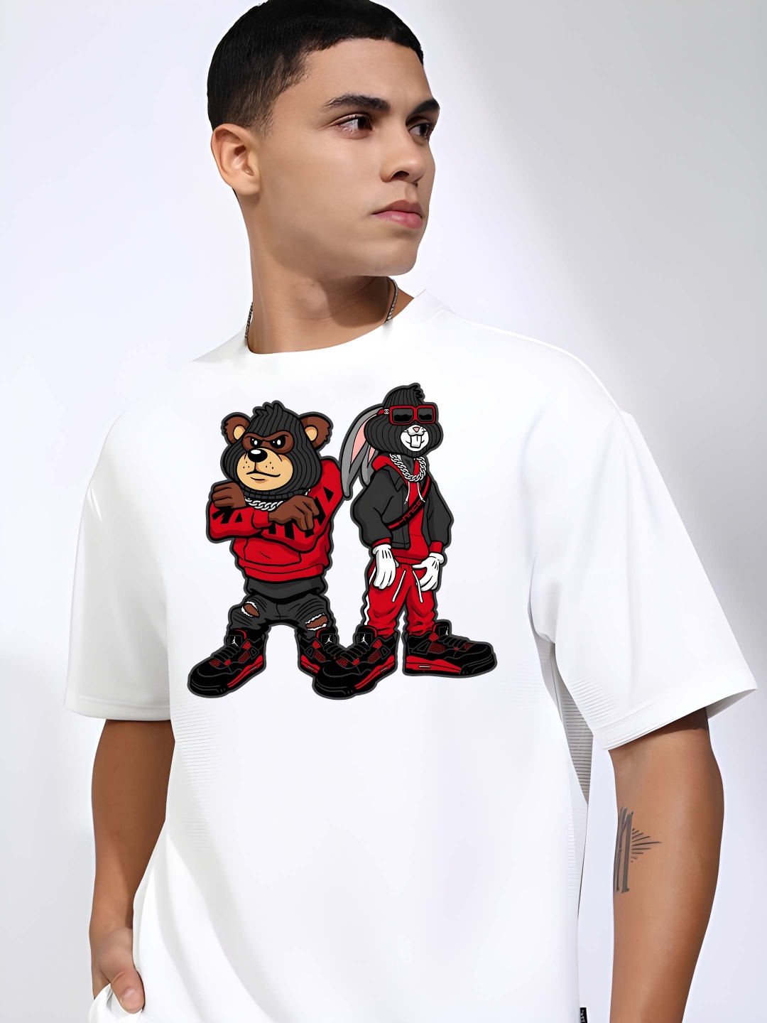 

Krimmple Men Graphic Printed Round Neck Cotton Oversized T-shirt, White
