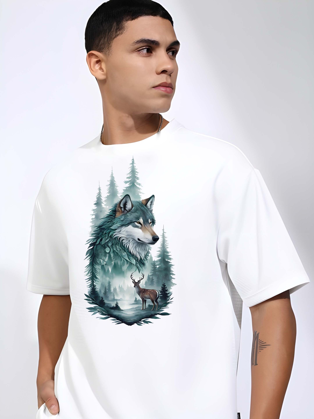 

Krimmple Men Graphic Printed Round Neck Cotton Oversized T-shirt, White