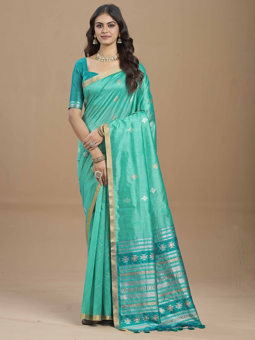 

SHOPGARB Ethnic Motifs Zari Pure Silk Saree, Teal