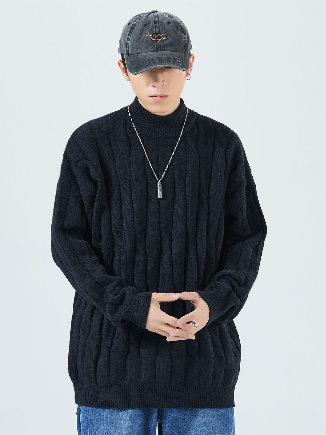 

StyleCast x Revolte Men Cable Knit Longline Pullover, Black