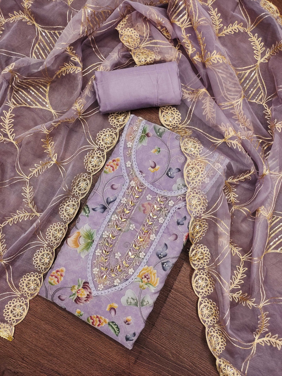 

Blissta Floral Embroidered Organza Unstitched Dress Material, Lavender