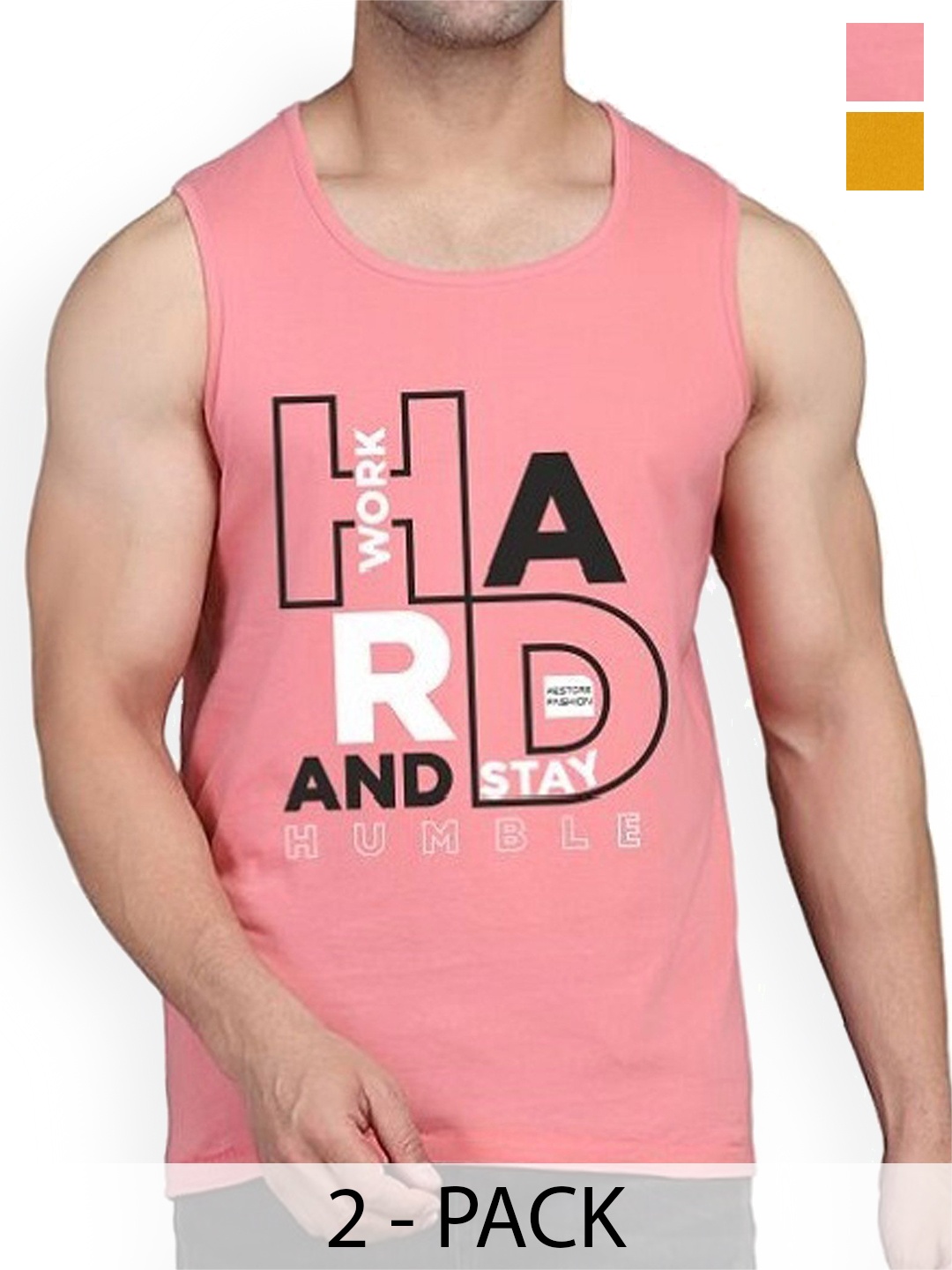

WOOSTRO Pack Of 2 Printed Cotton Gym Vests RS26 CMB (HARD PEACH) (MORE MUSTARD)