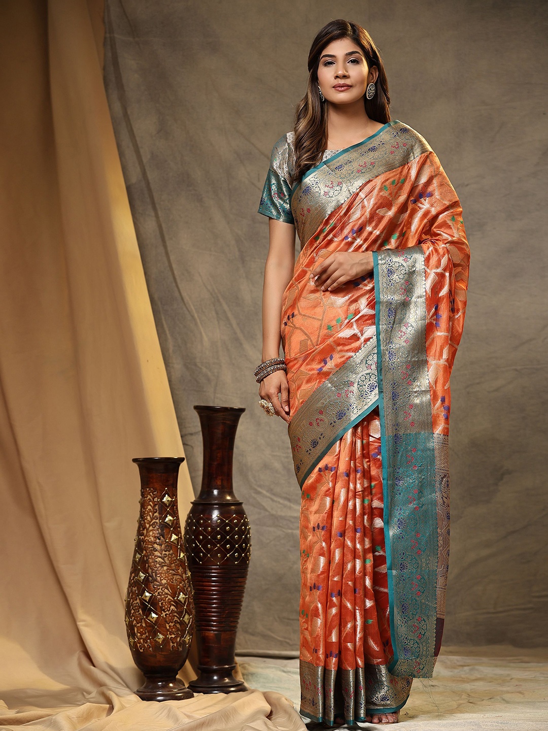 

bansari textiles Woven Design Zari Tussar Saree, Orange