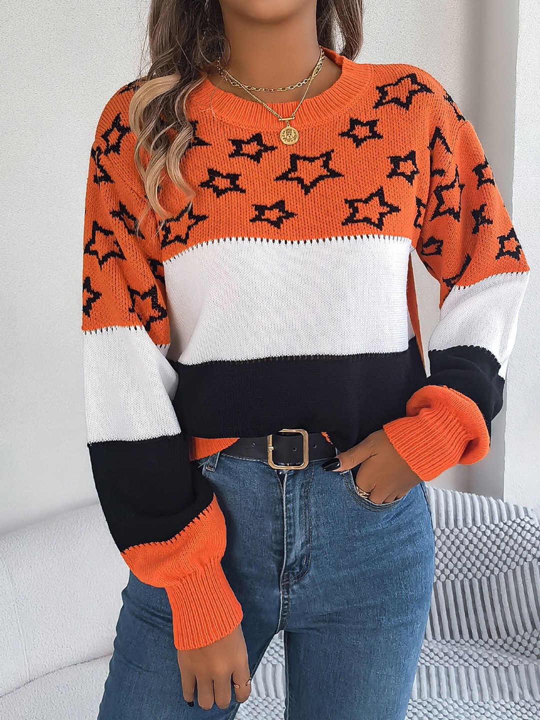 

StyleCast x Revolte Women Colourblocked Pullover Sweater, Orange