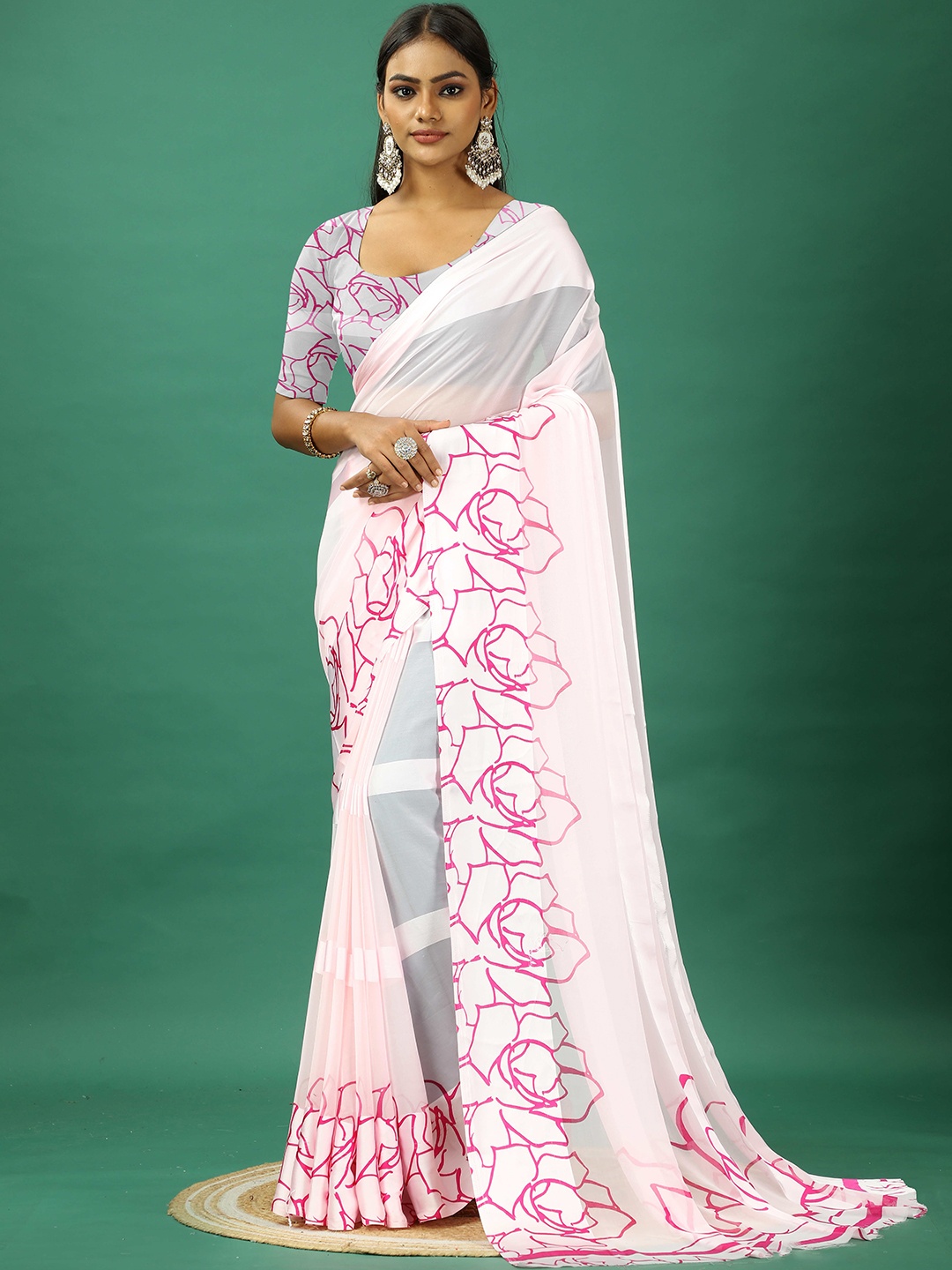 

NIRMAL CREATION Floral Printed Satin Saree, Pink