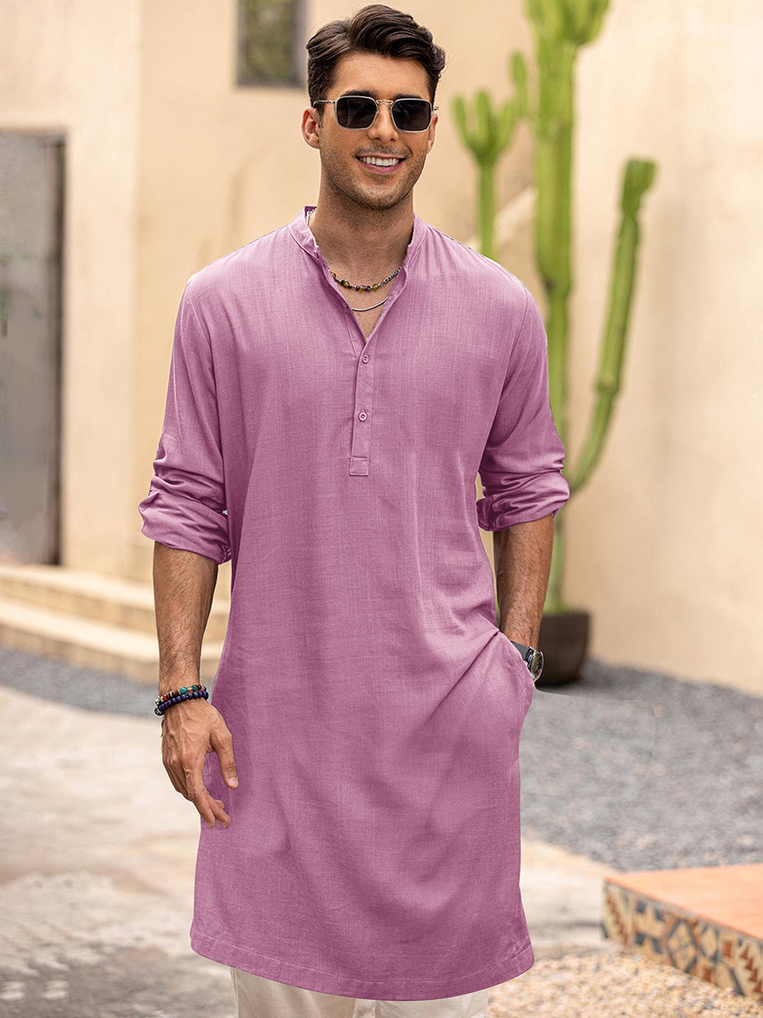 

Anouk Pink Band Collar Roll-Up Sleeves Cotton Straight Kurta