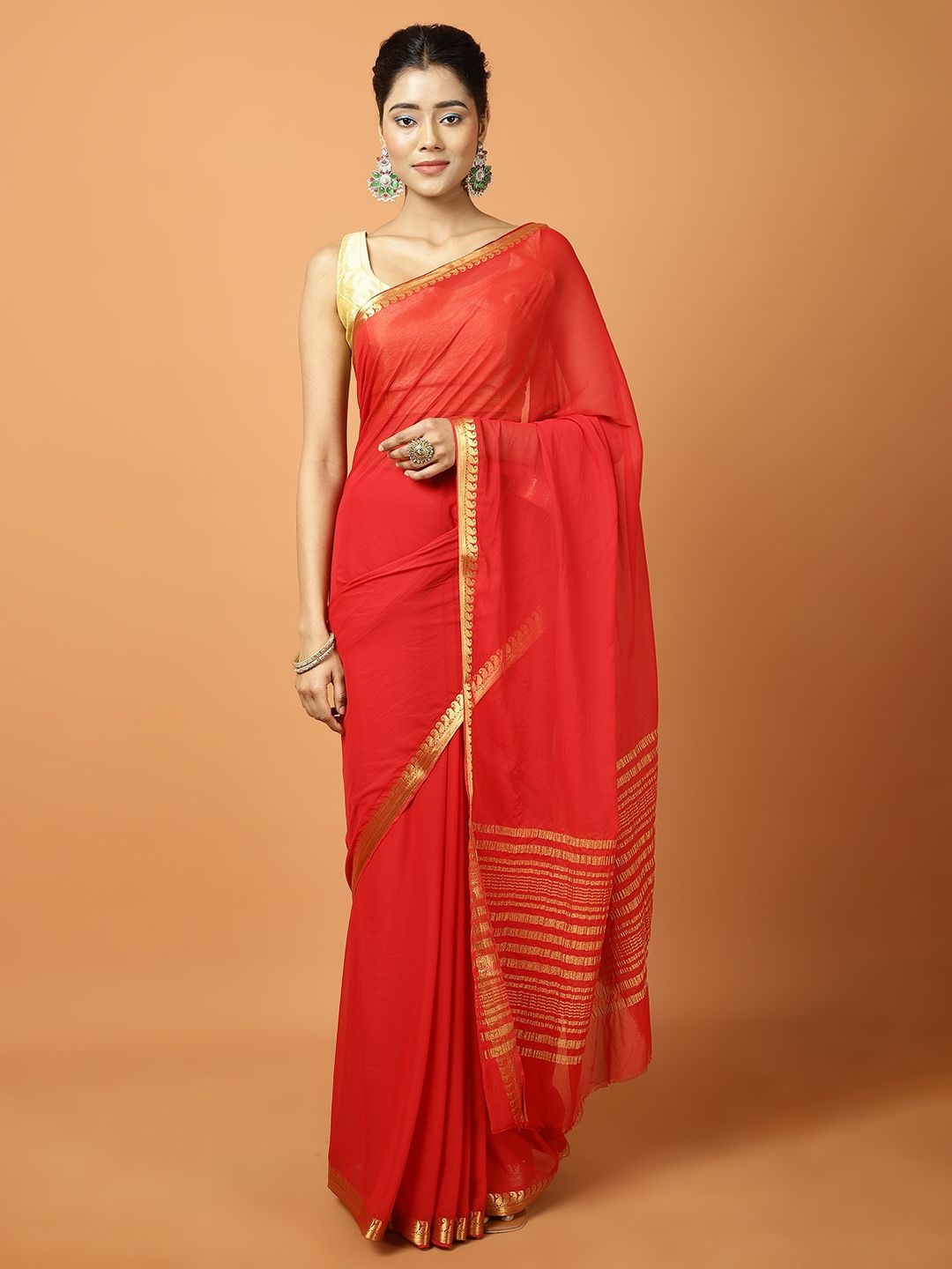 

Meena Bazaar Zari Saree with Blouse Piece, Red