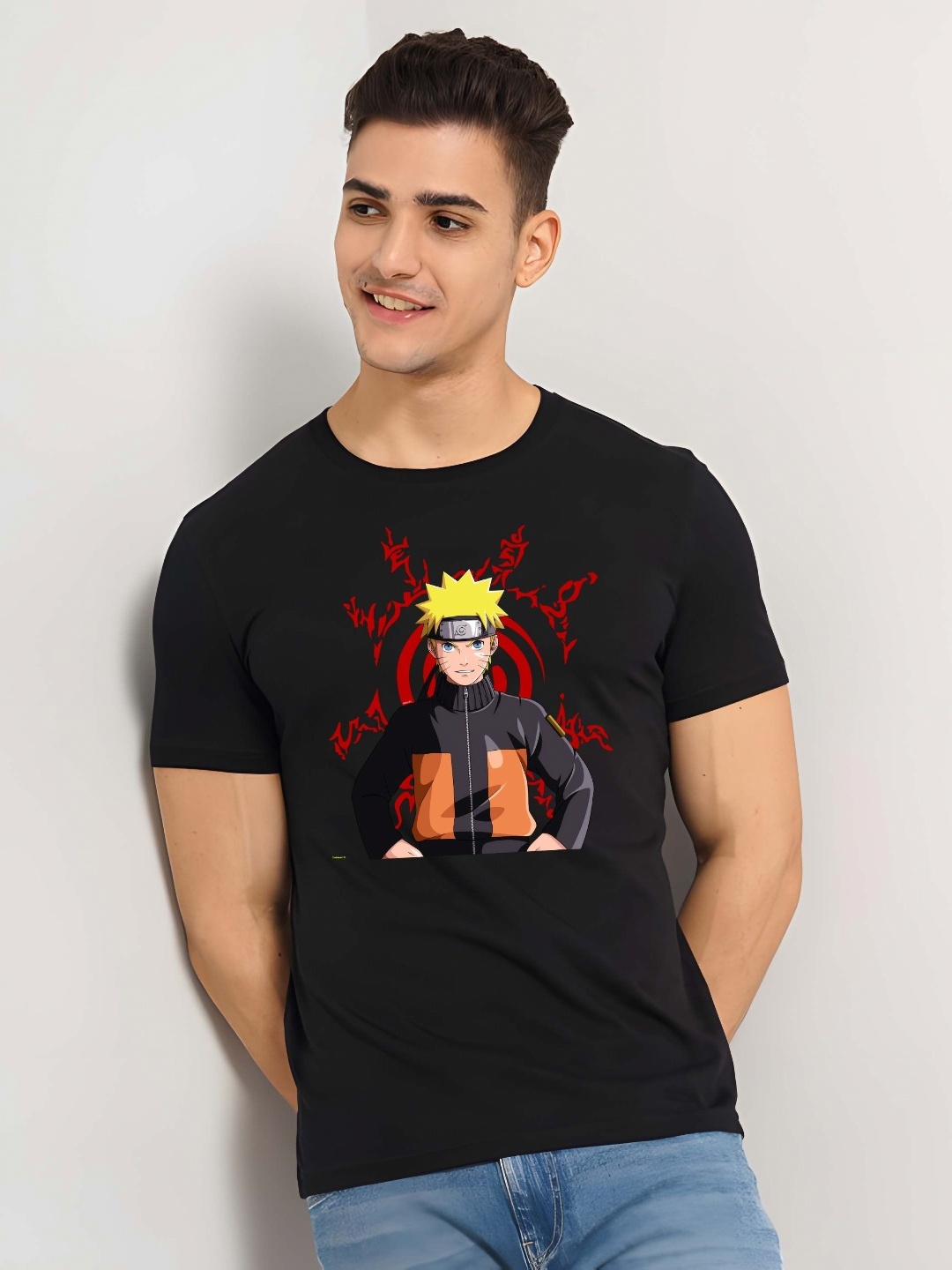 

Krimmple Men Naruto Graphic Printed Round Neck Cotton T-shirt, Black