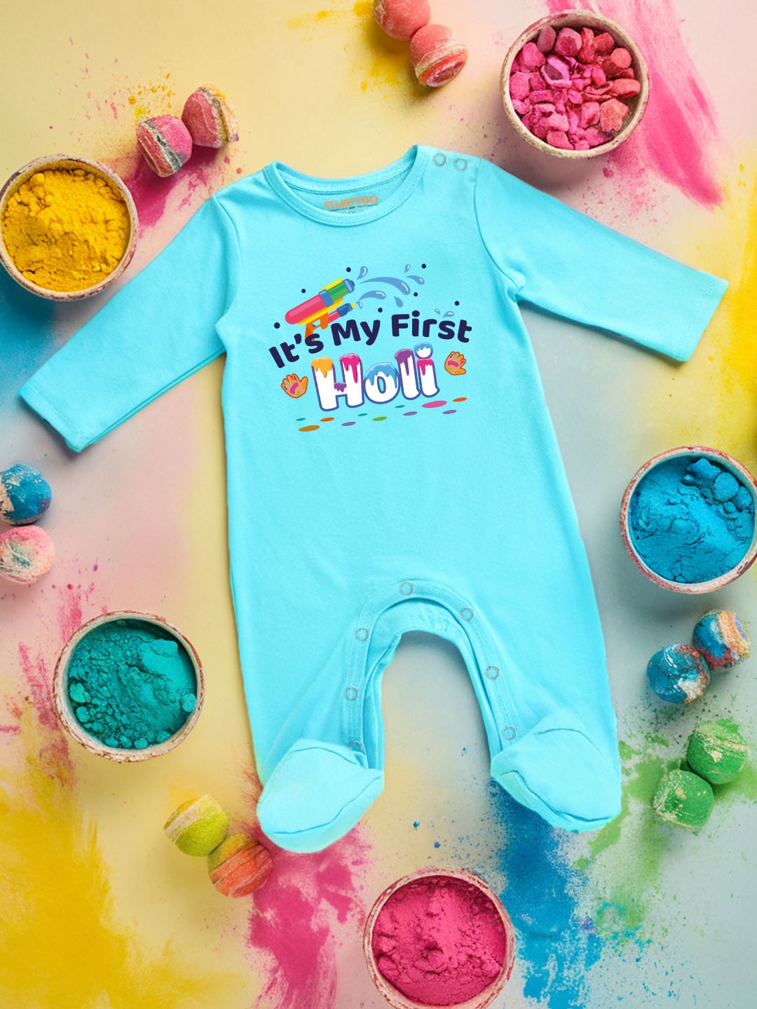 

FFLIRTYGO Infants Holi Printed Cotton Sleepsuit, Turquoise blue