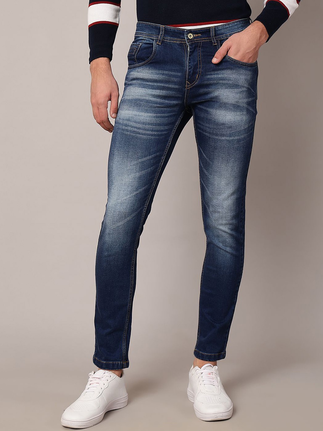 

TQS Men Slim Fit Heavy Fade Stretchable Jeans, Blue