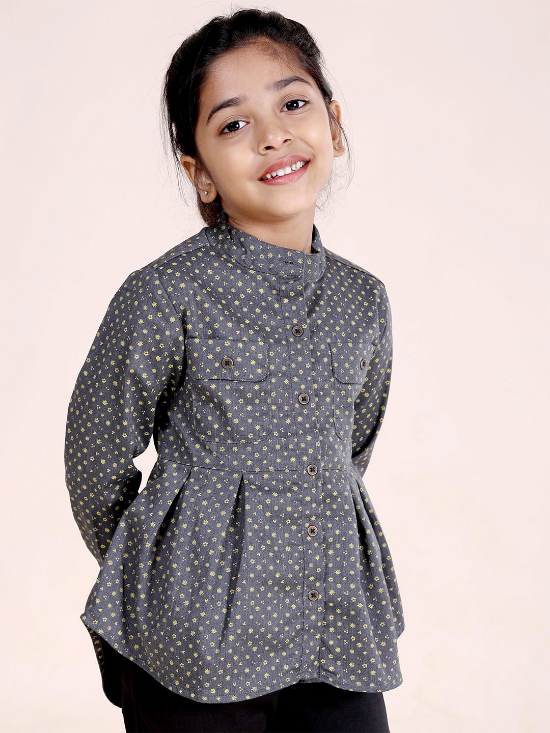 

KiddoPanti Girls Floral Printed Mandarin Collar Cotton Peplum Top, Grey