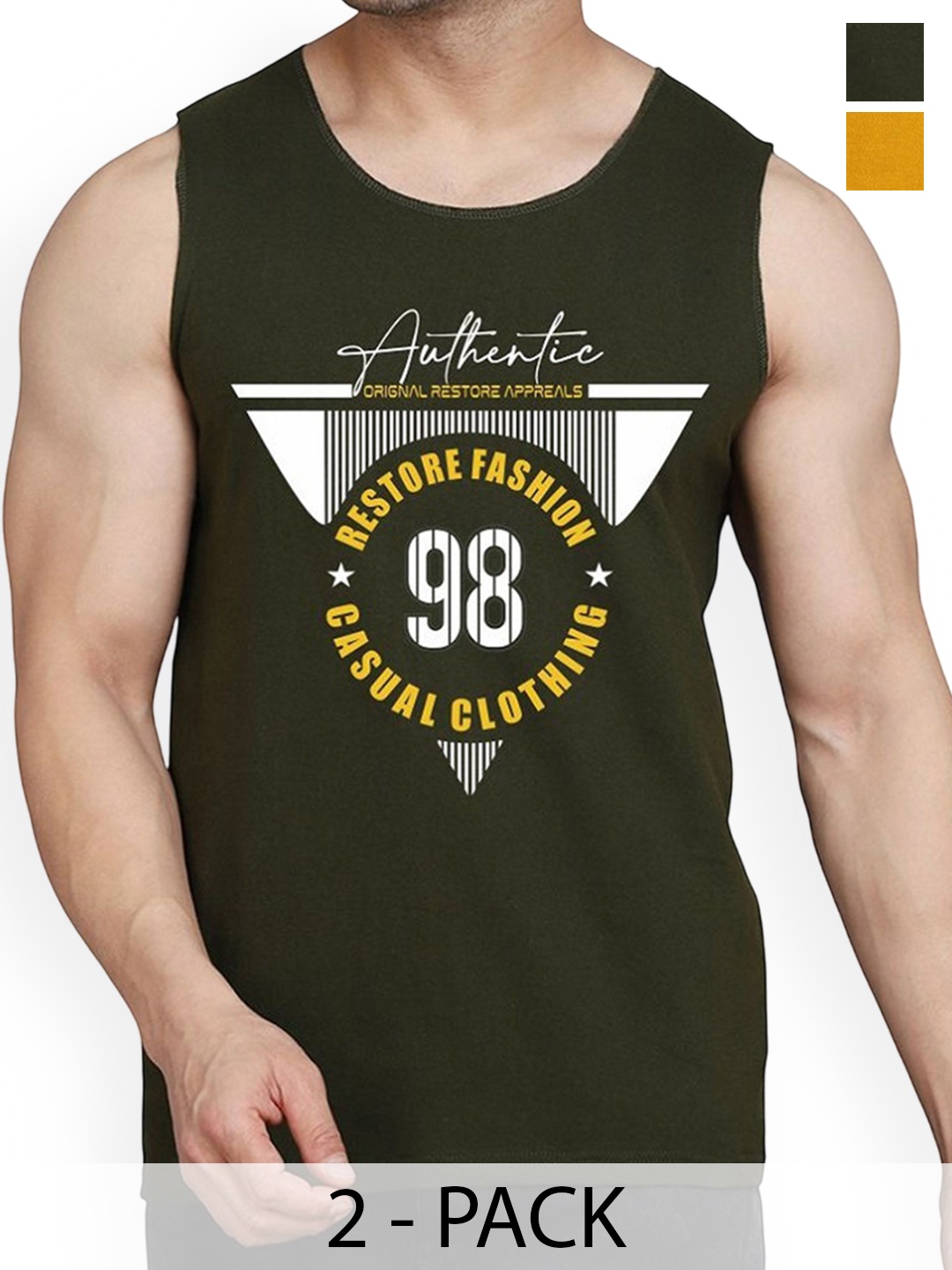 

WOOSTRO Men Pack Of 2 Printed Sleeveless Innerwear Gym Vests, Olive