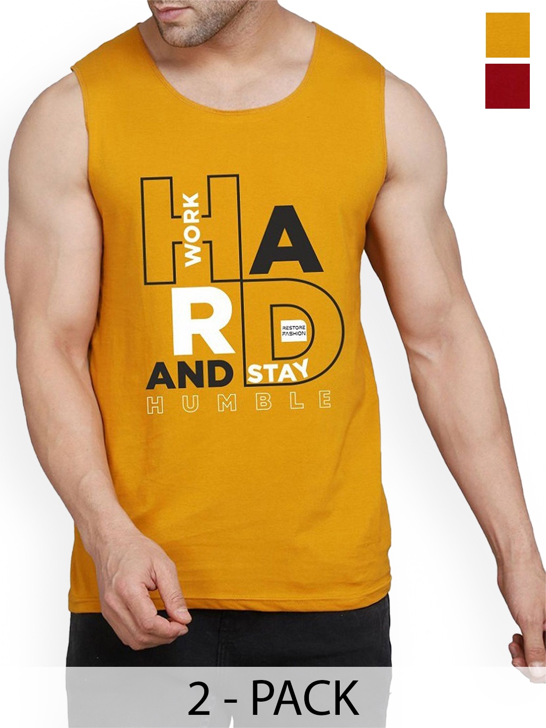 

WOOSTRO Pack Of 2 Printed Combed Cotton Gym Vest RS26 CMB (HARD MUSTARD) (RUN MAROON)