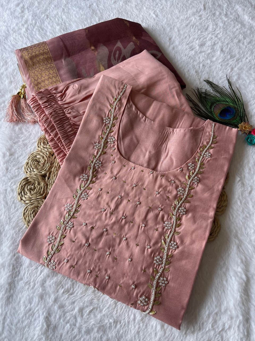 

XAYCRA CREATION Floral Yoke Design Beads Work Pure Silk Kurta With Pyjama & Dupatta, Pink