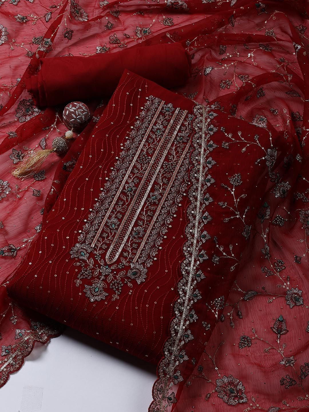

Meena Bazaar Floral Embroidered Sequinned Organza Unstitched Dress Material, Maroon