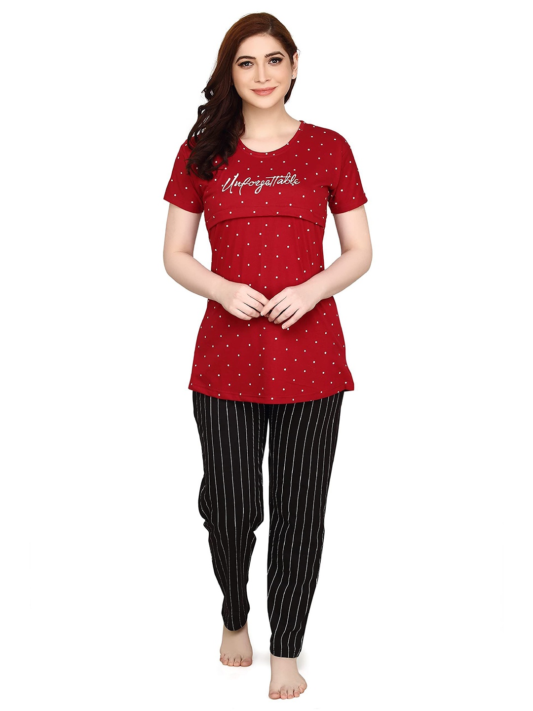 

TIGYWIGY Polka Dot Printed Pure Cotton Maternity Top With Pyjama, Maroon