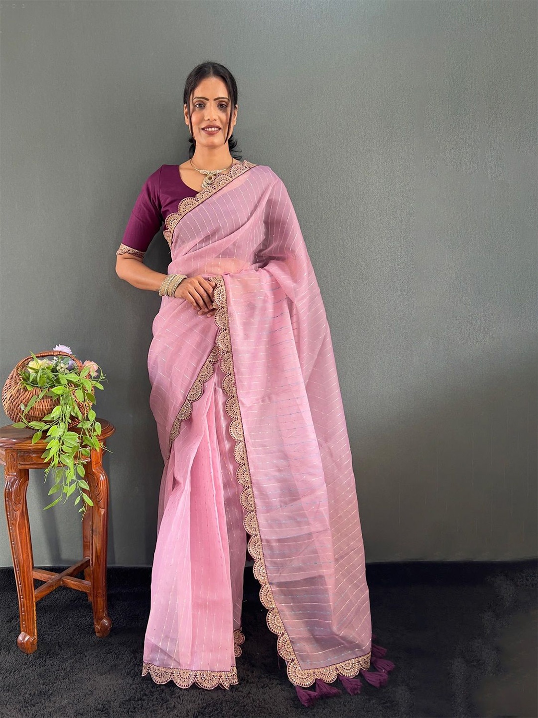 

Anouk Striped Embroidered Saree, Pink