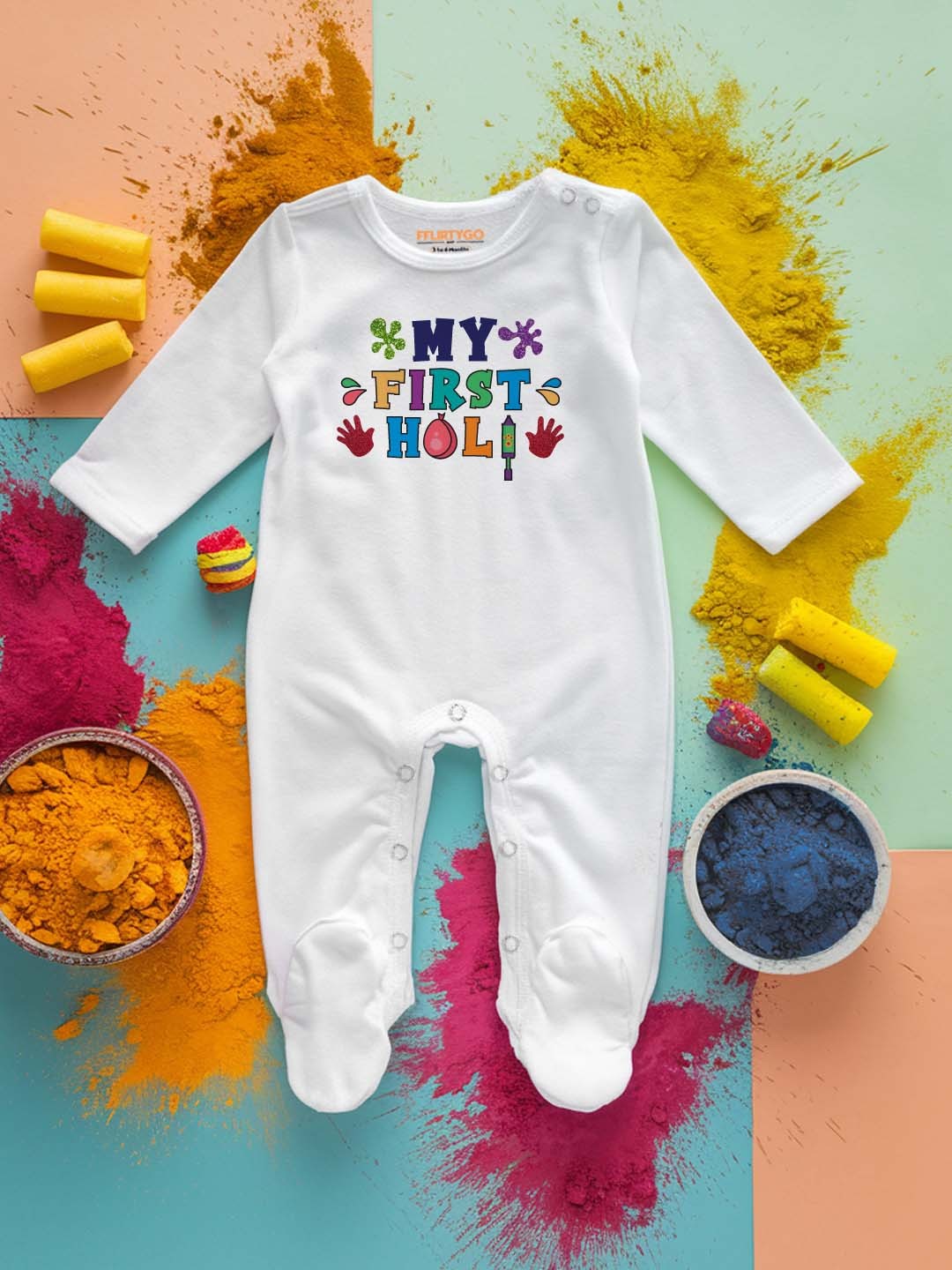 

FFLIRTYGO Infants Holi Printed Cotton Sleepsuit, White