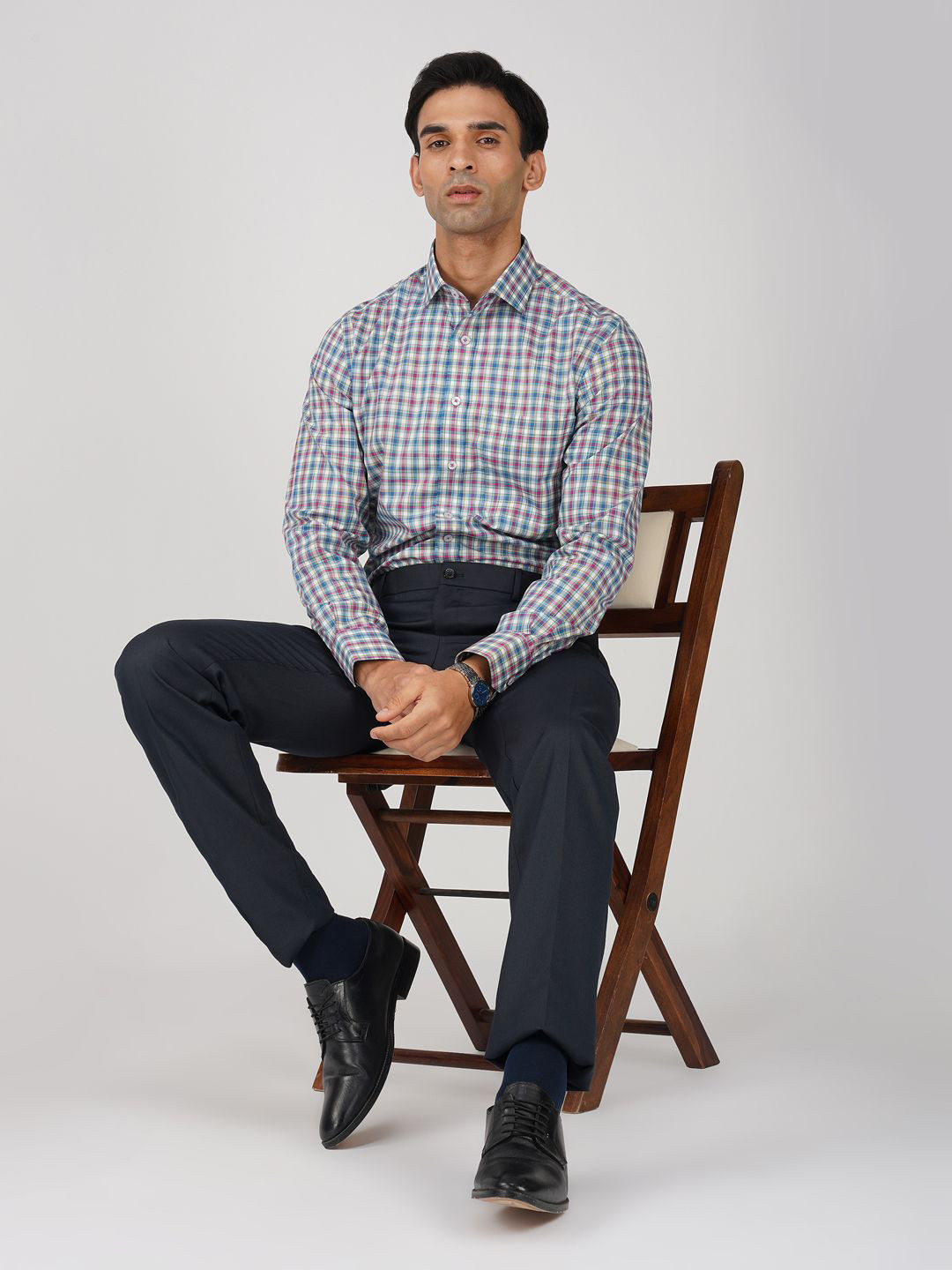 

FASHION FORMAL Men Classic Fit Spread Collar Micro Checked Cotton Formal Shirt, White