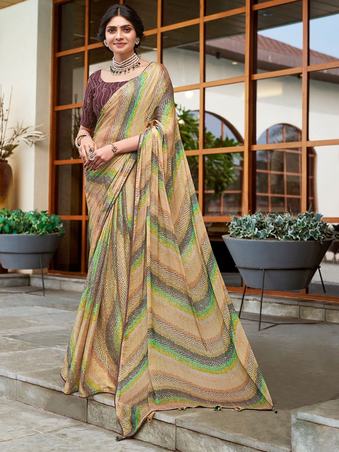 

Panzora Beads and Stones Poly Chiffon Bagru Saree, Green