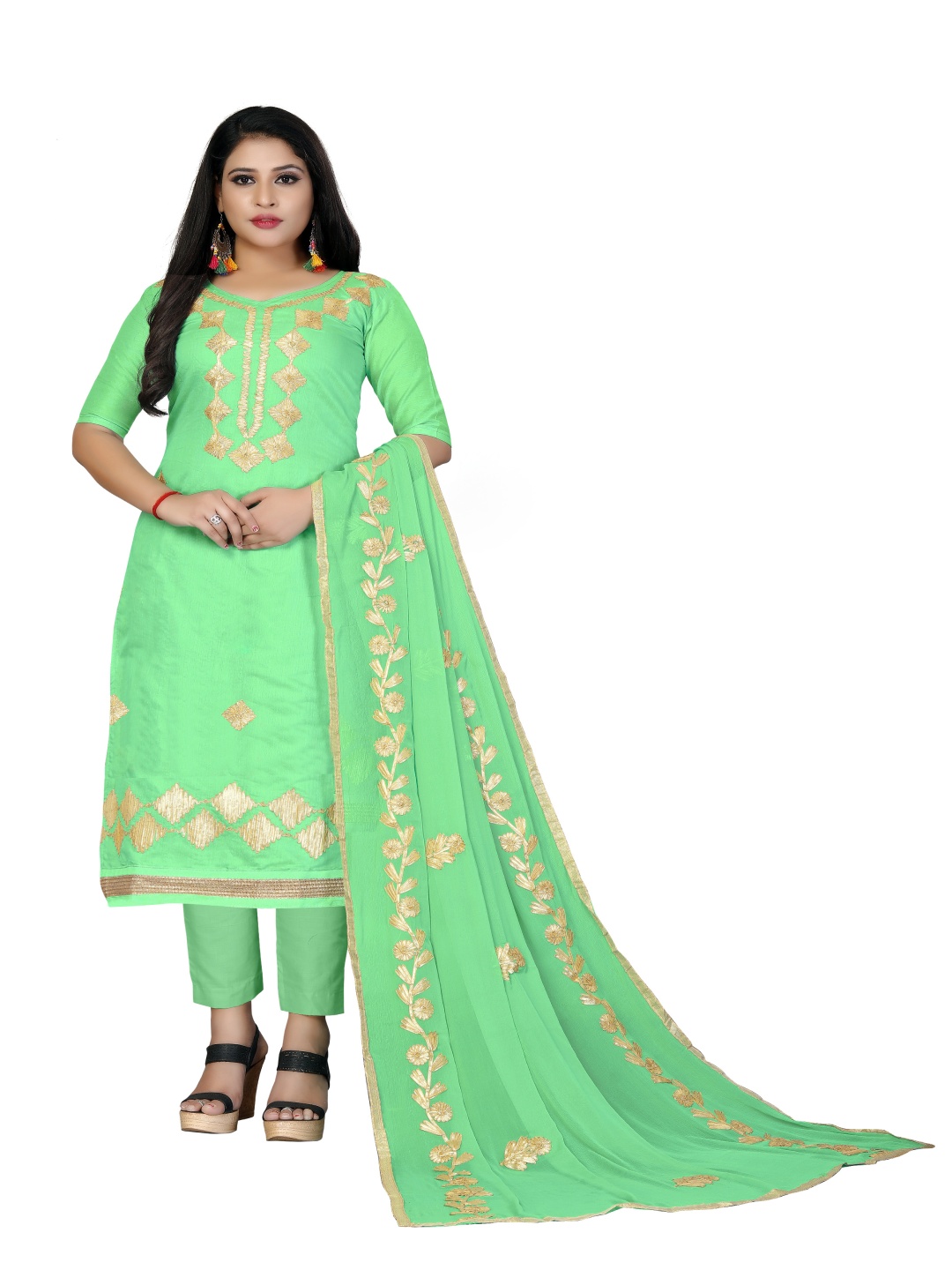 

HERE&NOW Floral Embroidered Unstitched Dress Material, Lime green