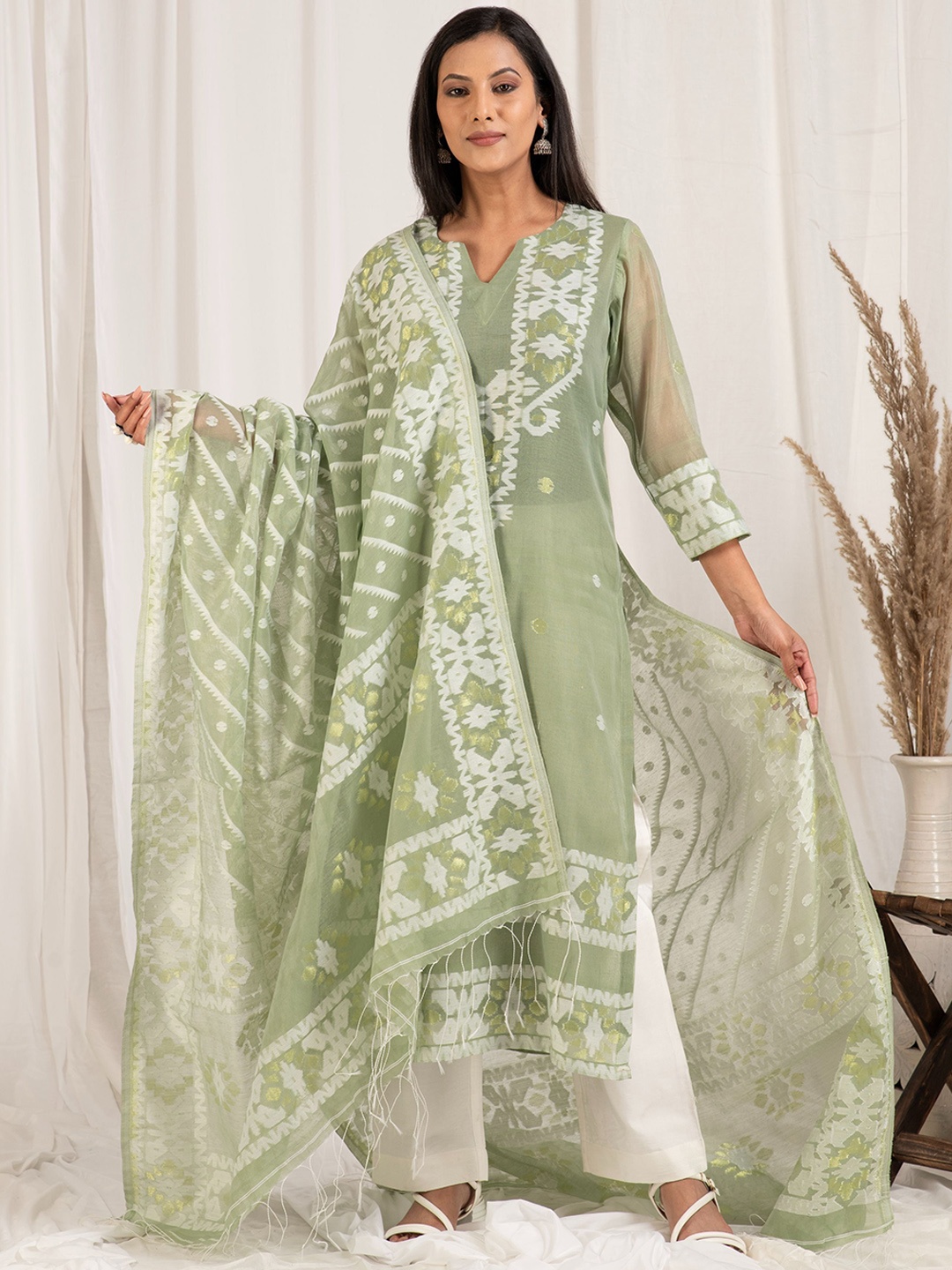 

Kasturi Creations Ethnic Motifs Woven Design Pure Cotton Kurta With Trousers And Dupatta, Green