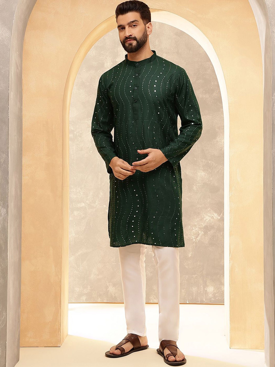 

Anouk Green Floral Embroidered Band Collar Sequins Cotton Straight Kurta