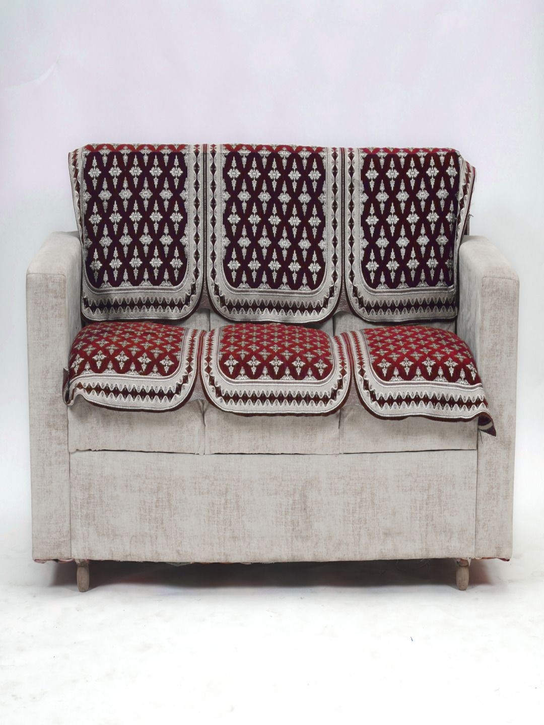 

Fashion Throw Maroon & White 2 Pieces Printed Jacquard 3 Seater Sofa Cover