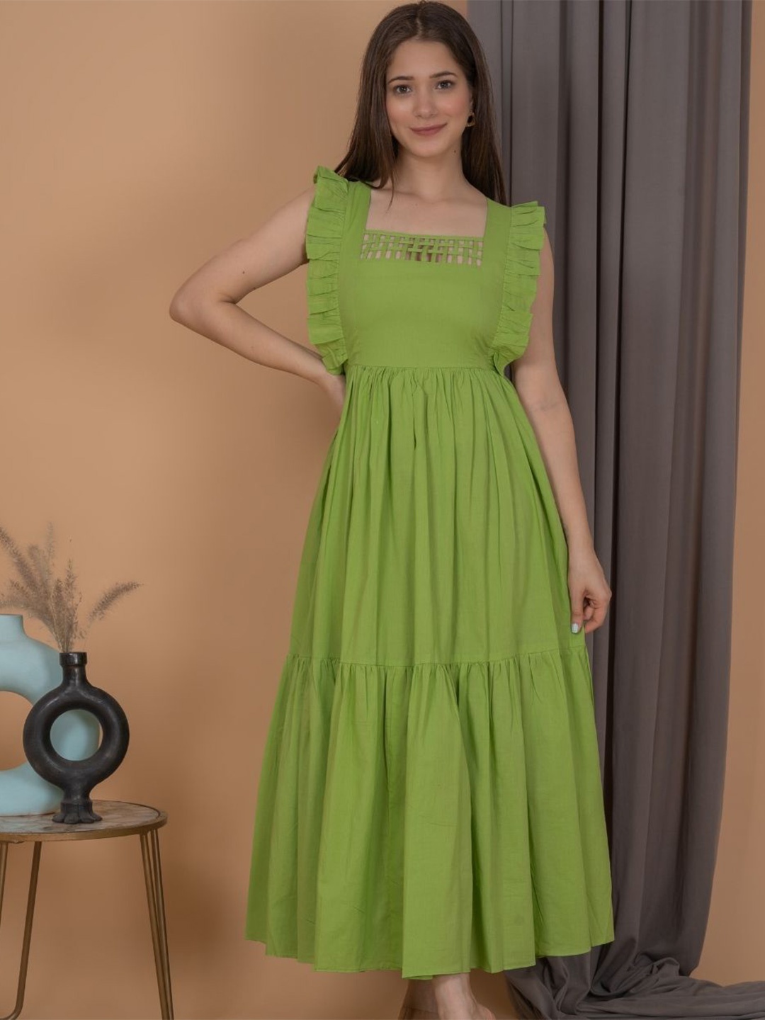 

KAJODI Women Square Neck Flutter Sleeve Cotton Fit and Flare Midi Dress, Green