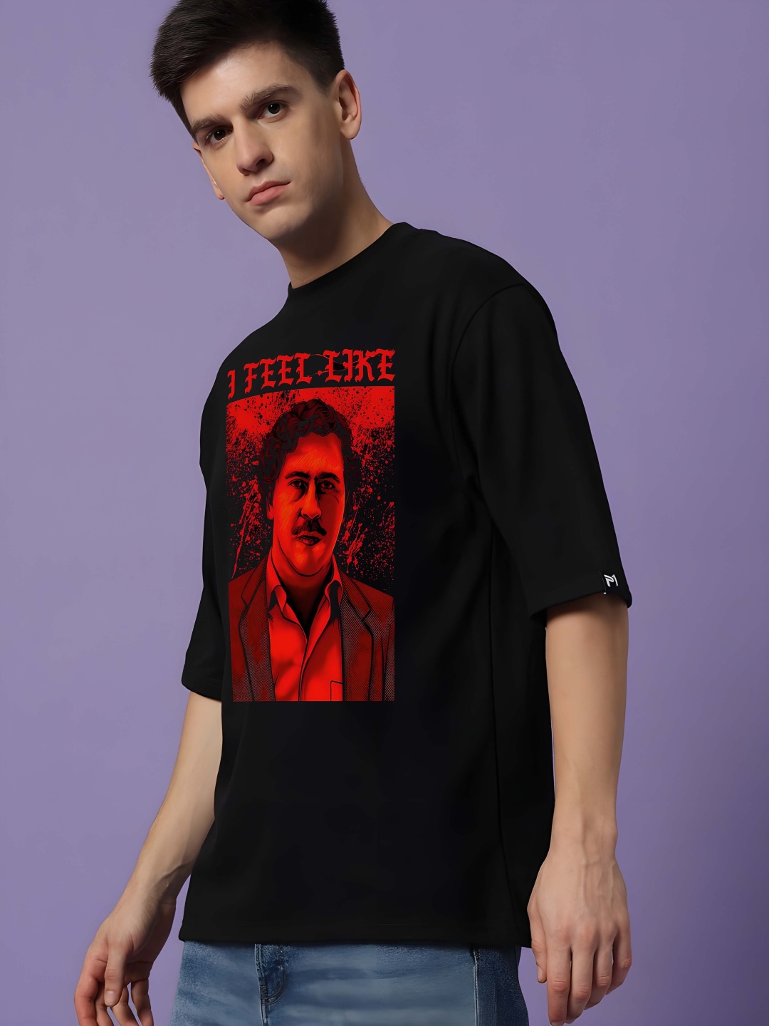 

Krimmple Men Graphic Printed Round Neck Cotton Oversized T-shirt, Black