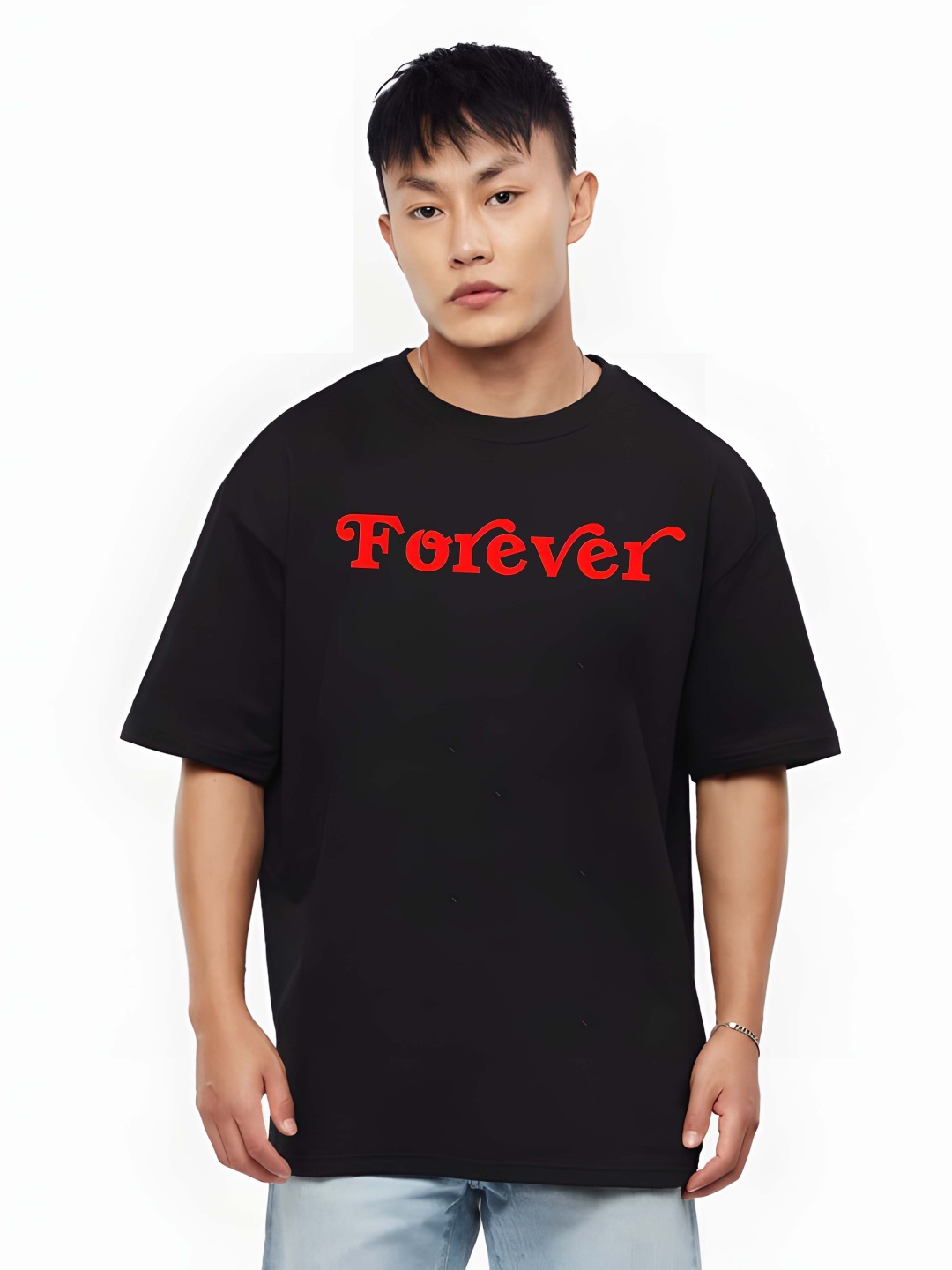 

Krimmple Men Typography Printed Round Neck Cotton Oversized T-shirt, Black