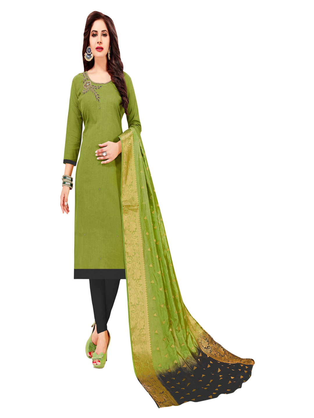 

HERE&NOW Thread Work Unstitched Dress Material, Green